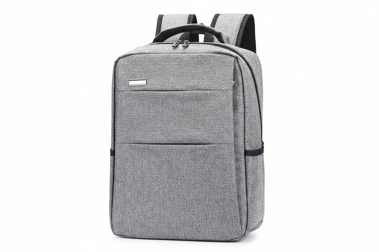 Gray backpack with black straps on a white background