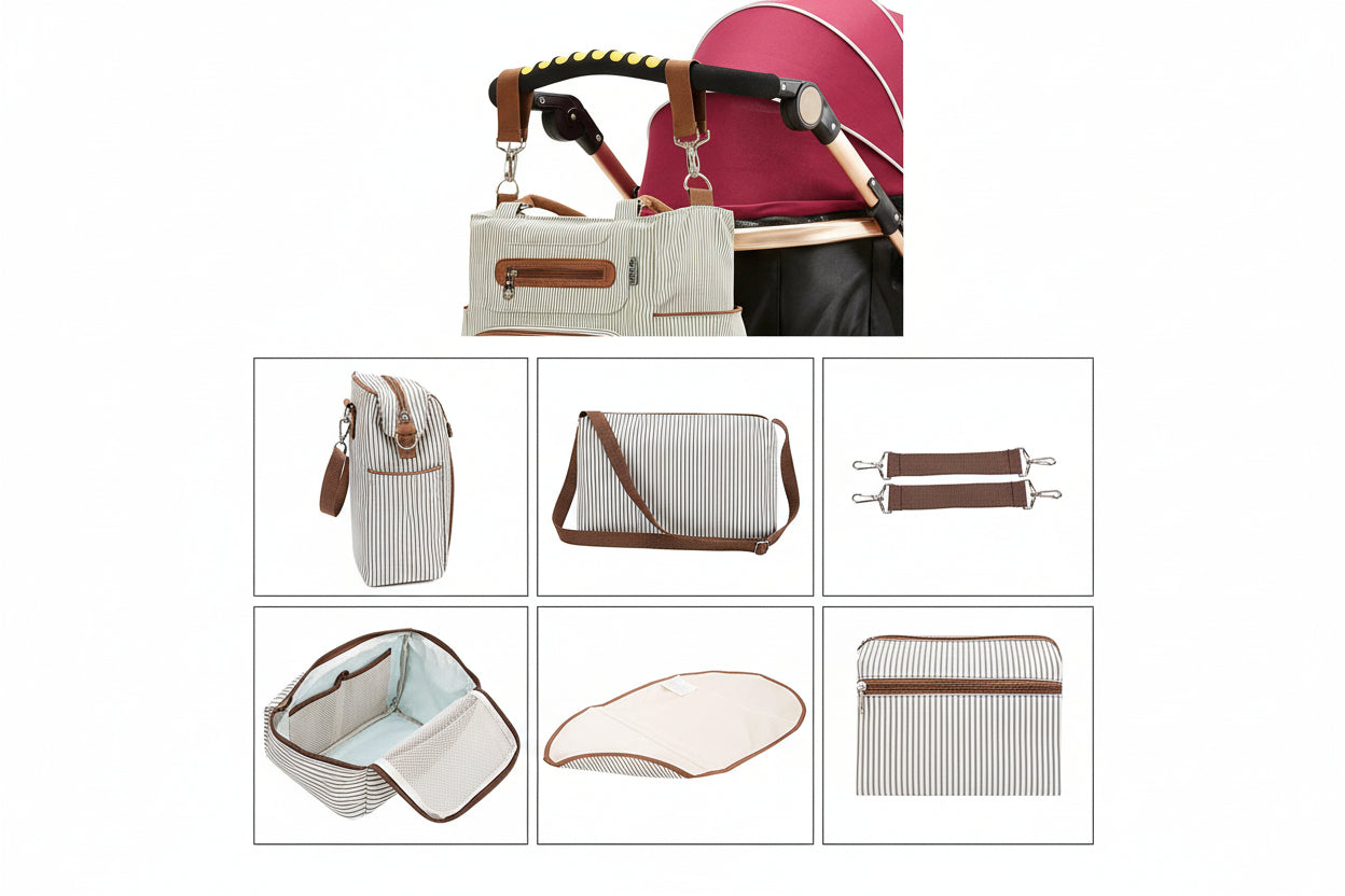 Collage of detachable stroller straps with a baby bag and stroller in the background.