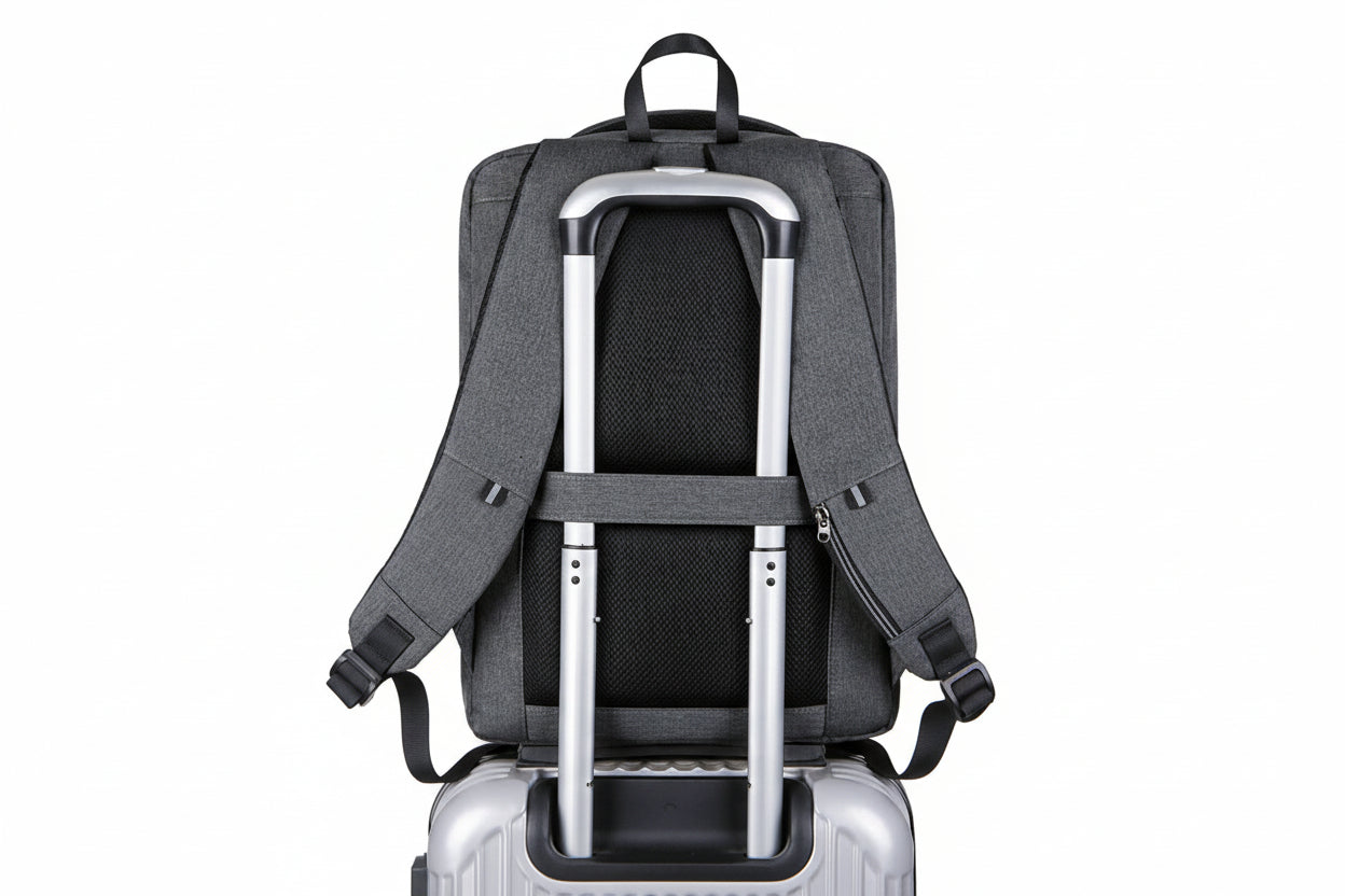 Gray backpack with a handle attached to a suitcase on a white background