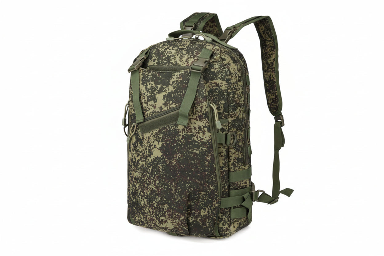 Camouflage backpack with green straps on a white background