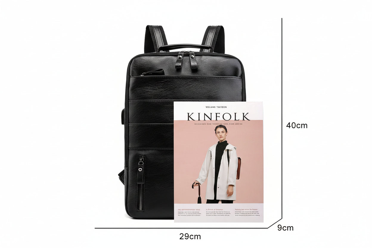 Black backpack with measurement details on a white background