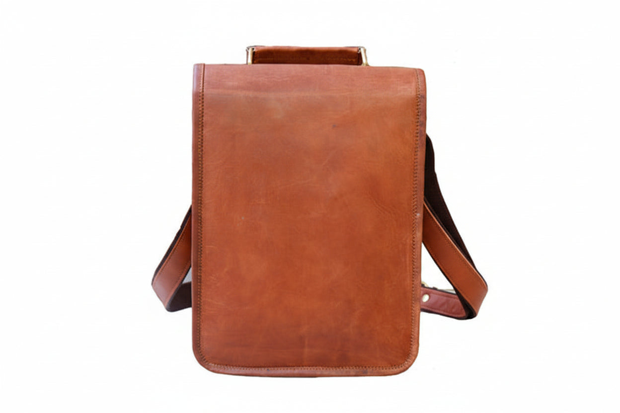 Brown leather crossbody bag on a white background