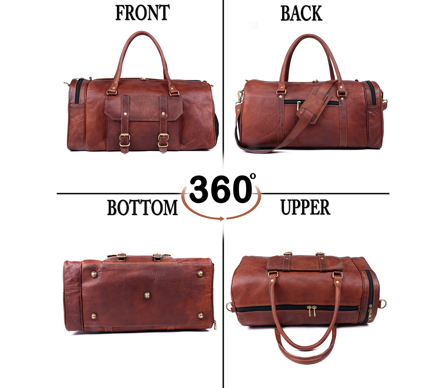 Brown leather duffel bag shown from multiple angles on a white background