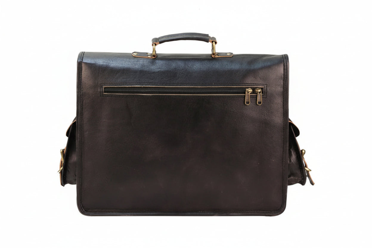 Dark brown leather briefcase with gold zippers on a white background