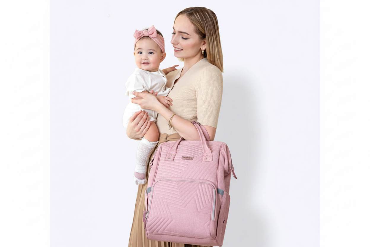 Woman holding a baby and a pink quilted bag against a white background