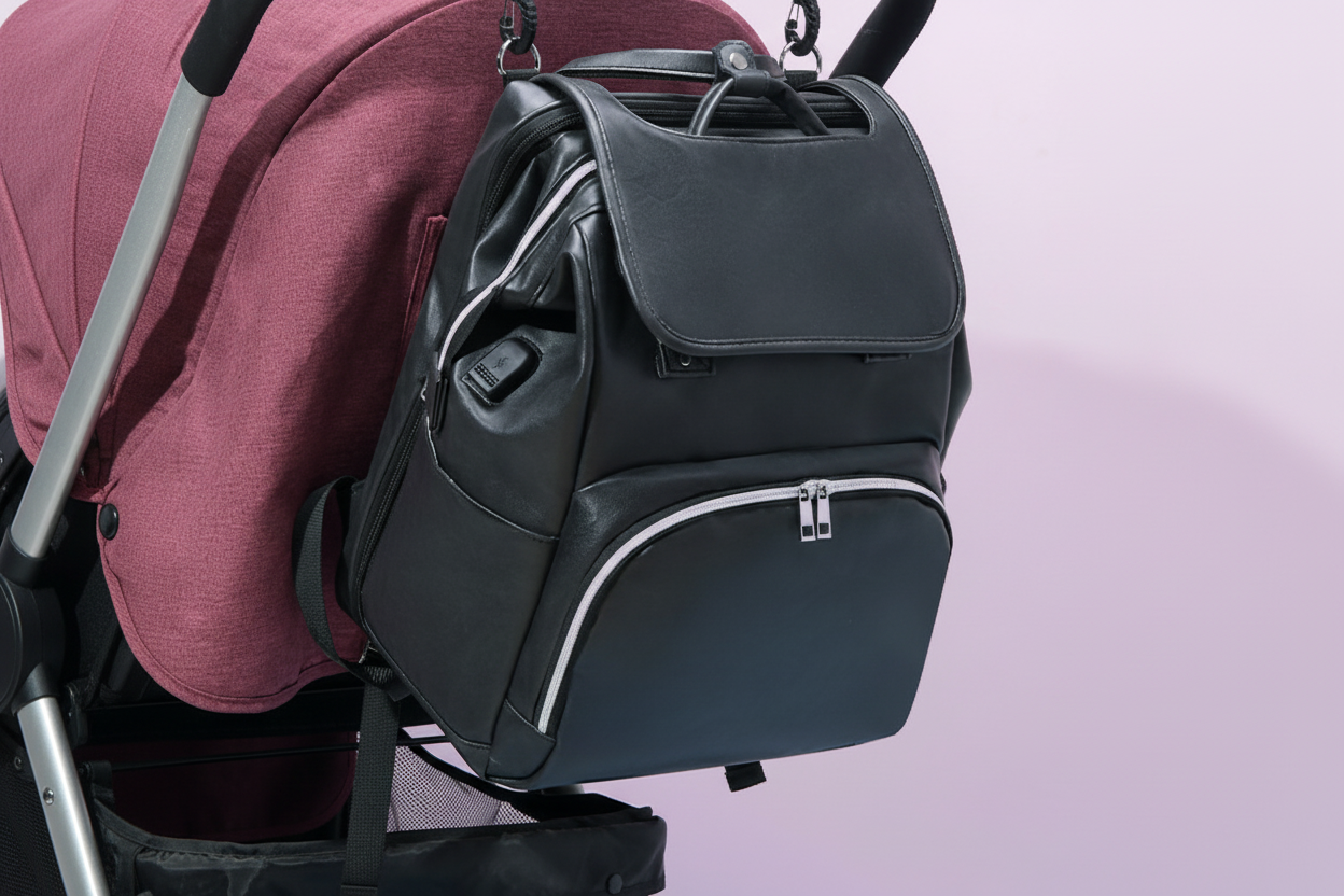 Black backpack worn on a person against a pink background