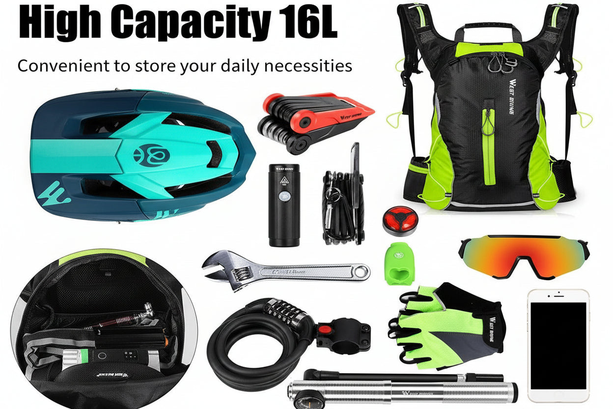 Collection of cycling gear including a helmet, backpack, gloves, and tools on a white background.