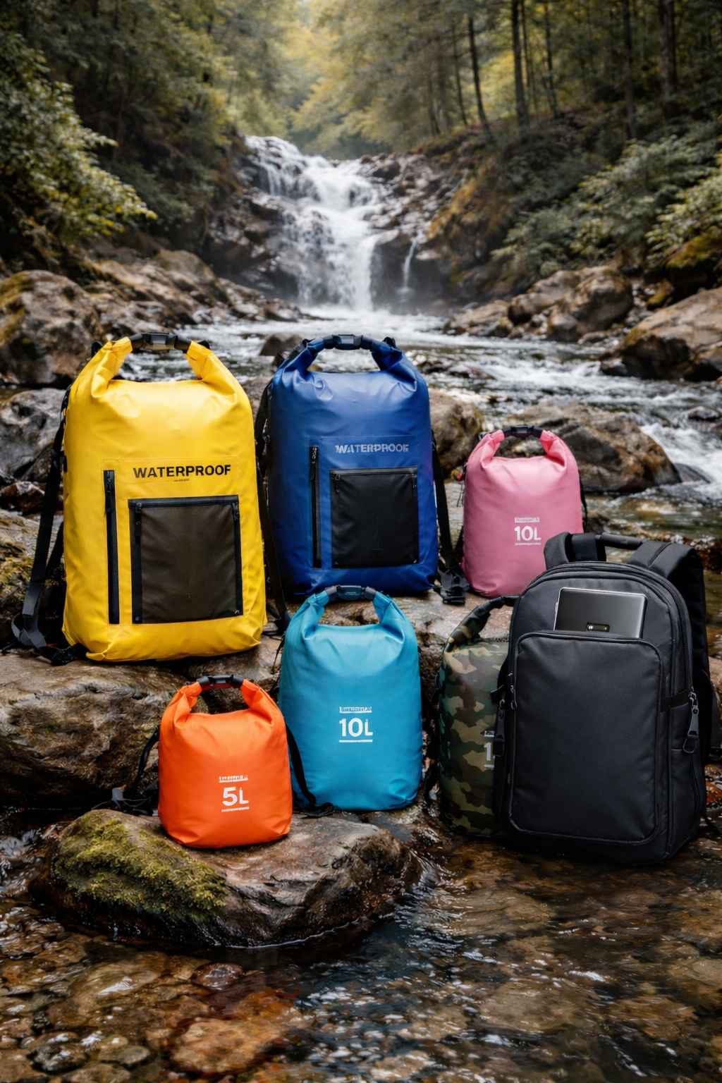 Colorful bags on running water shows that the bags are waterproof