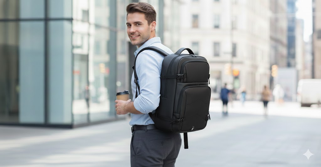 person has a black backpack on street