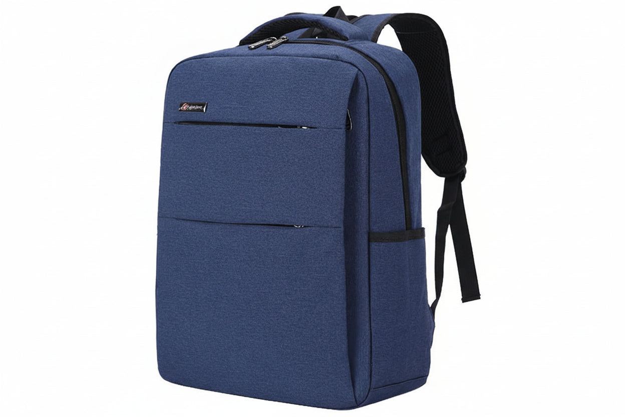 Blue backpack with black straps on a white background
