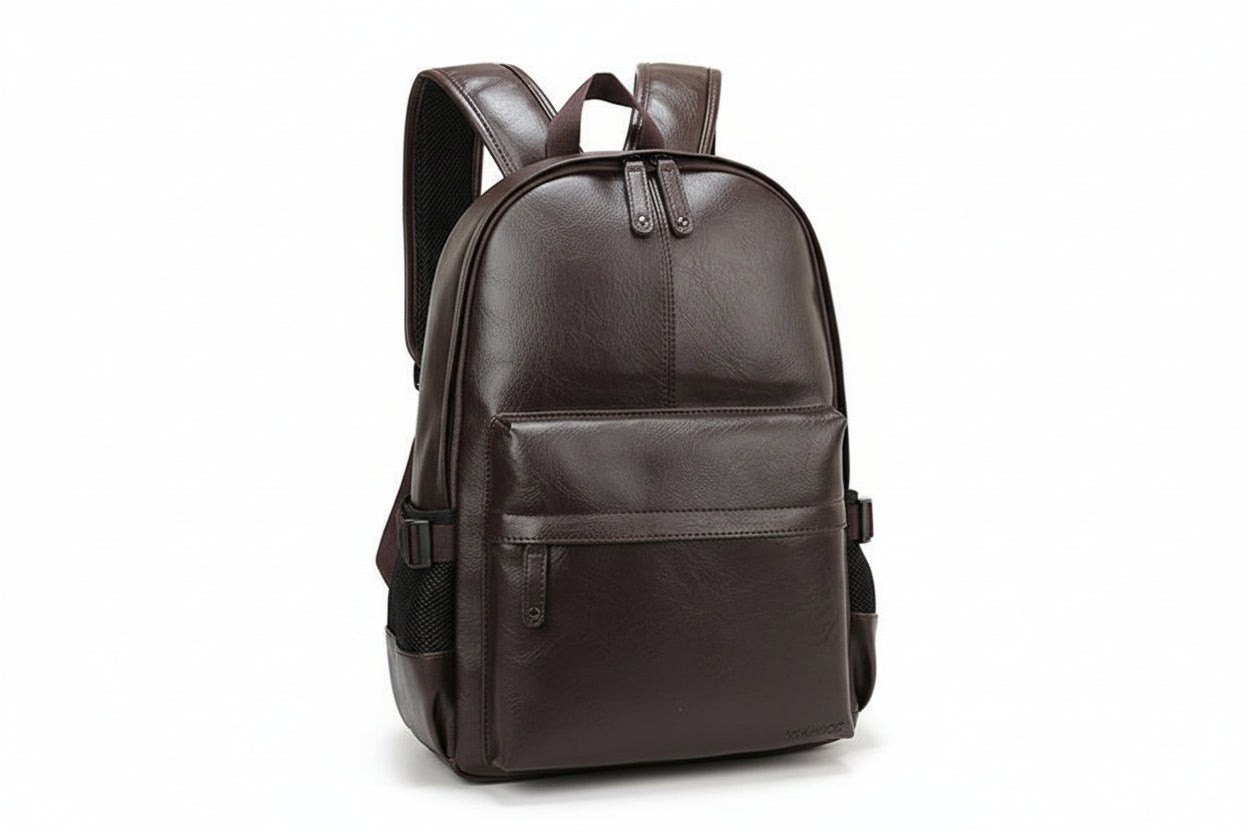 Brown leather backpack on a white background
