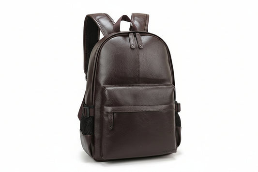 Brown leather backpack on a white background