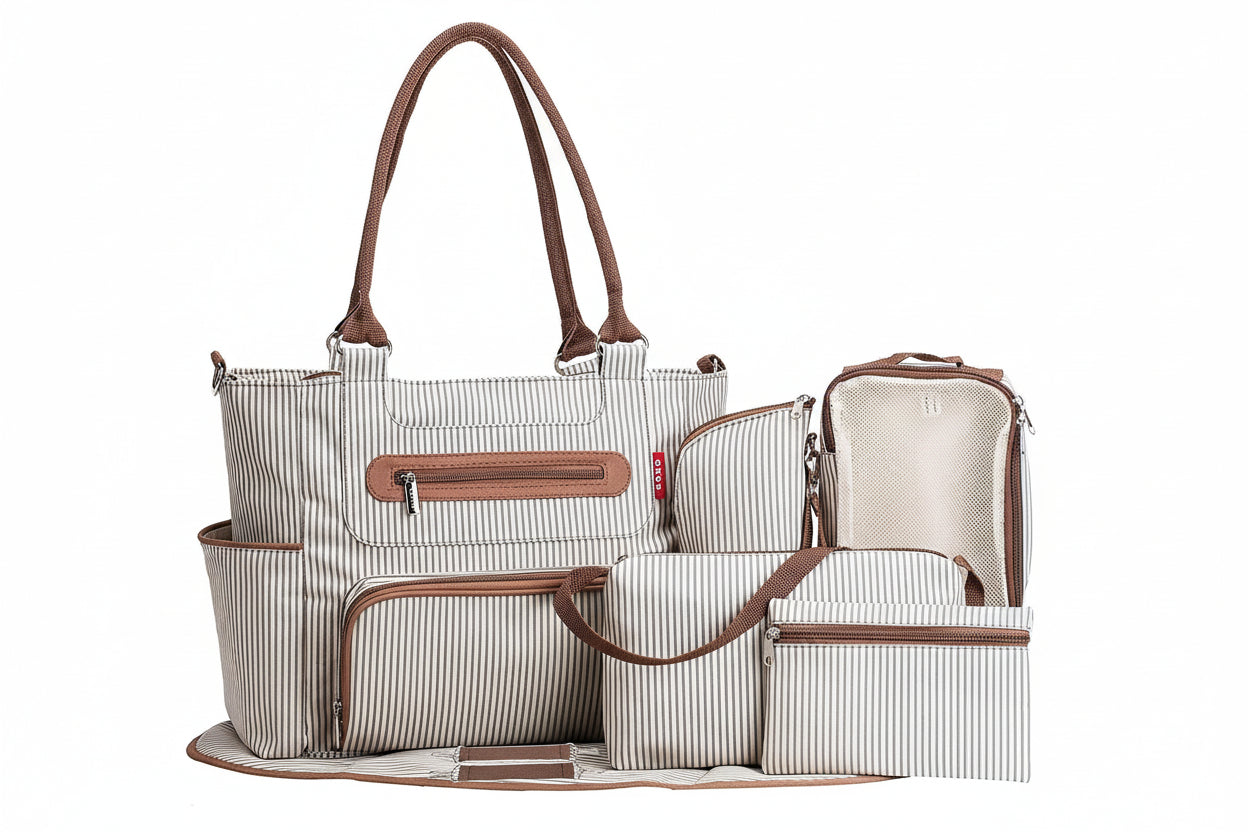 Set of striped bags with brown accents on a white background