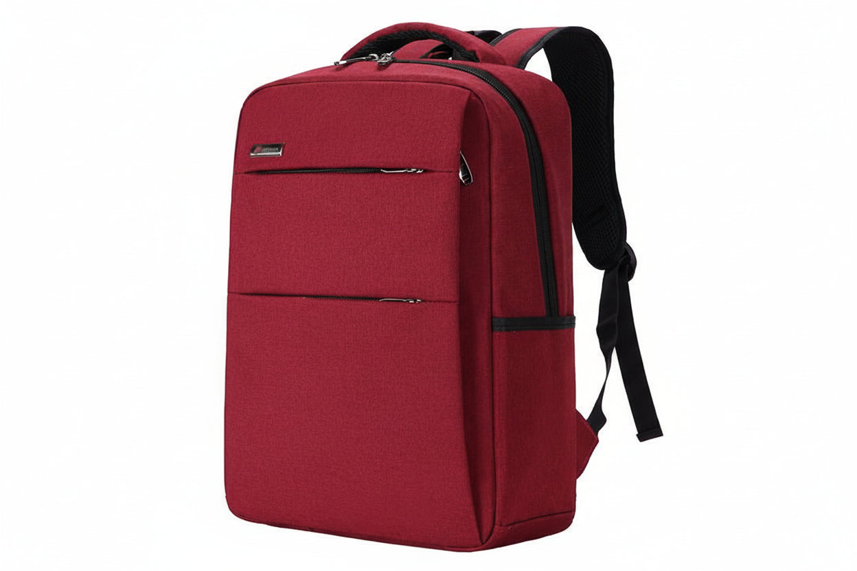 Red backpack with black straps on a white background