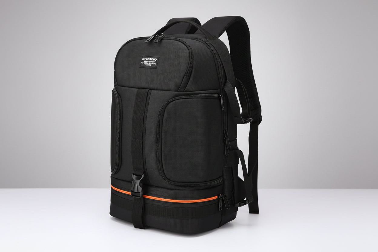 Black backpack with orange zipper on a white background