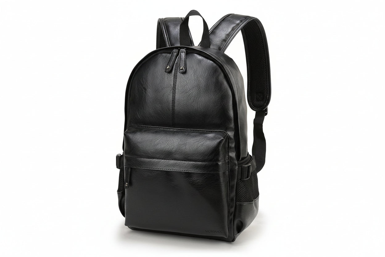 Black leather backpack on a white background