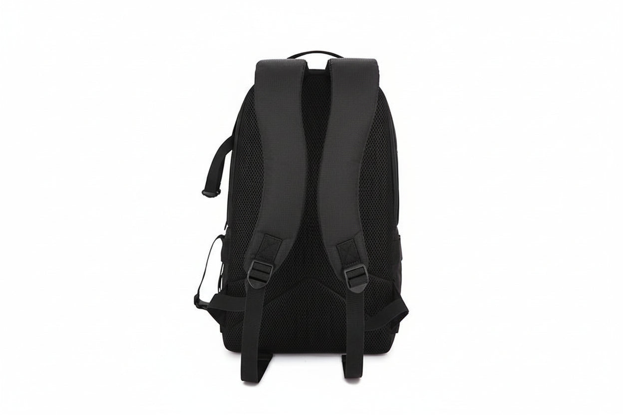 Black backpack on a white background