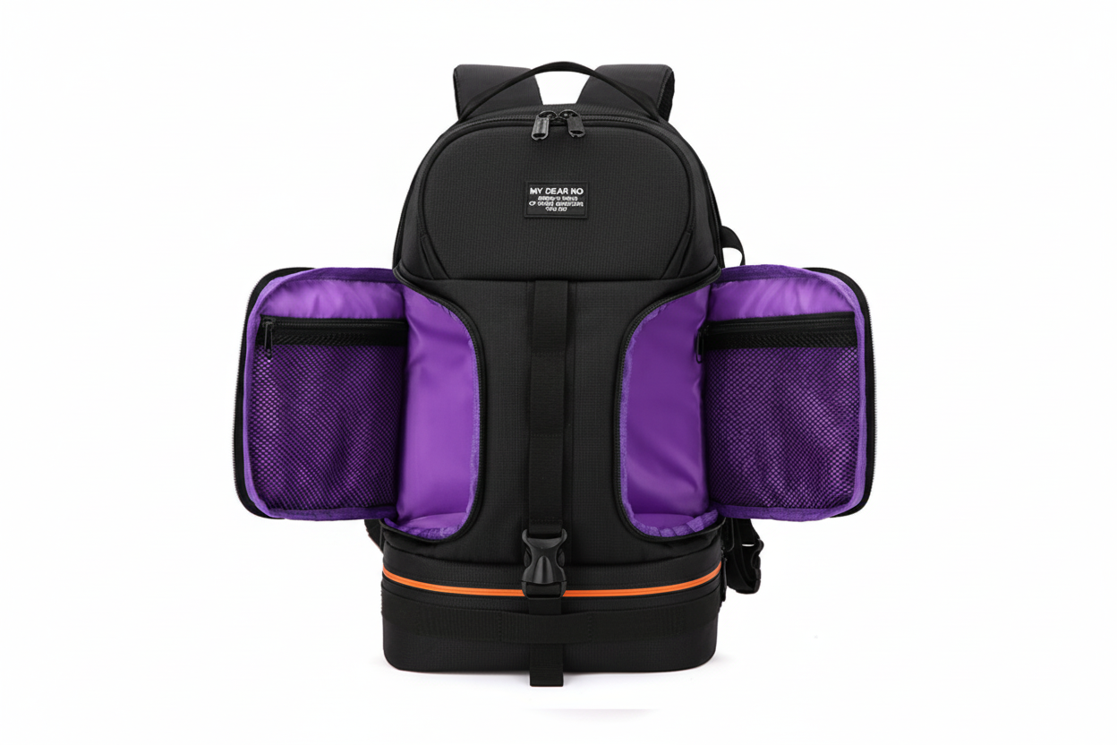 Black backpack with purple side pockets on a white background