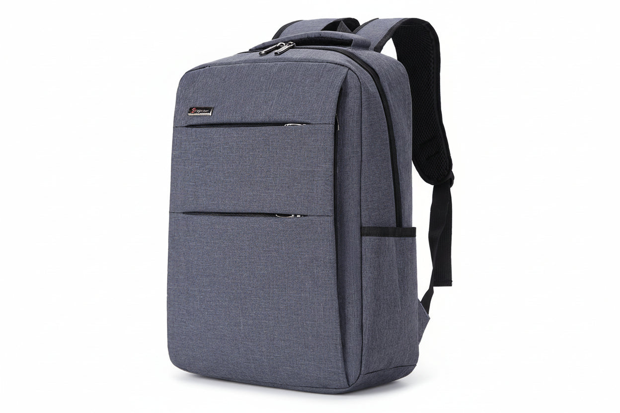 Gray backpack with a visible brand logo on a white background