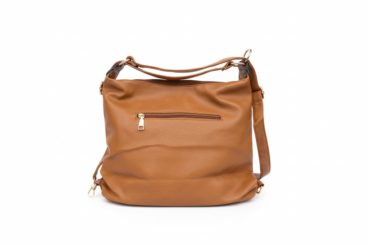 Brown leather handbag on a white background