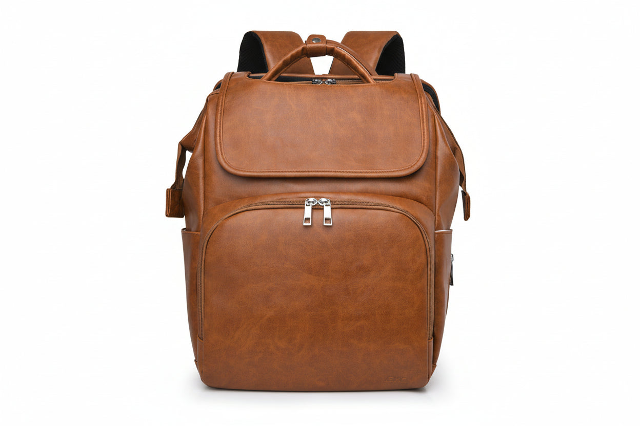 Brown leather backpack on a white background