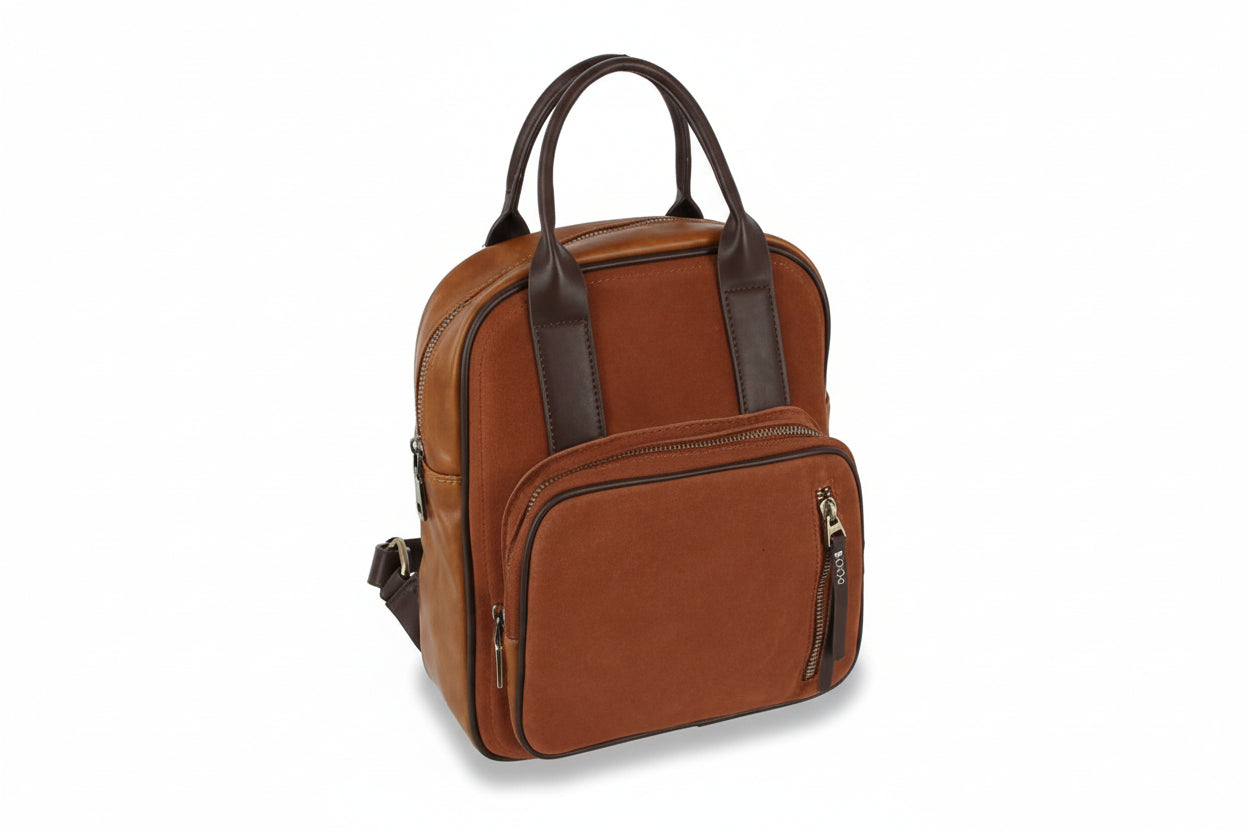 Brown leather backpack on a white background