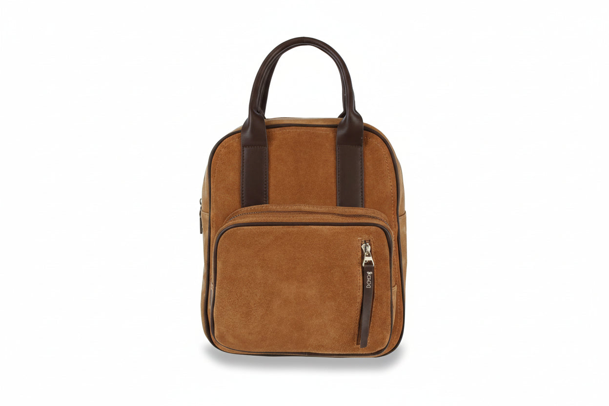 Brown backpack with leather straps on a white background