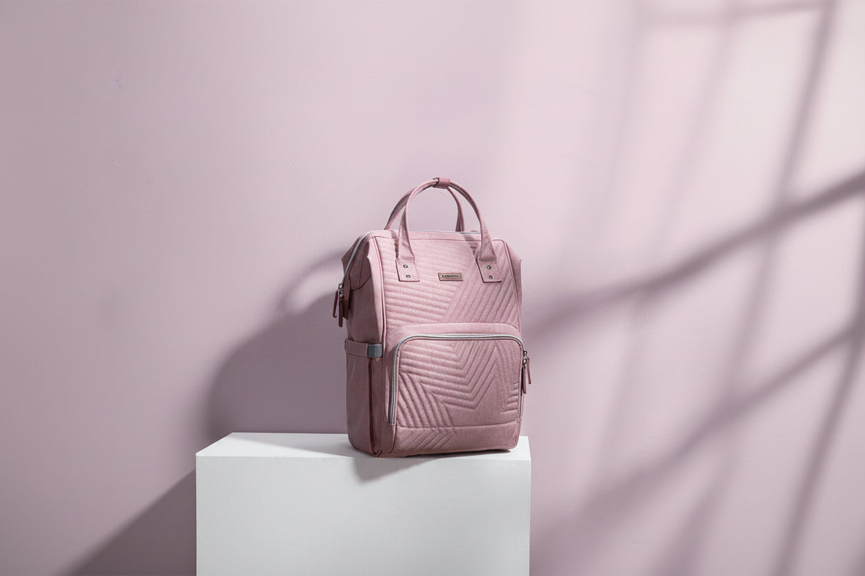 Pink backpack with a chevron pattern on a light pink background