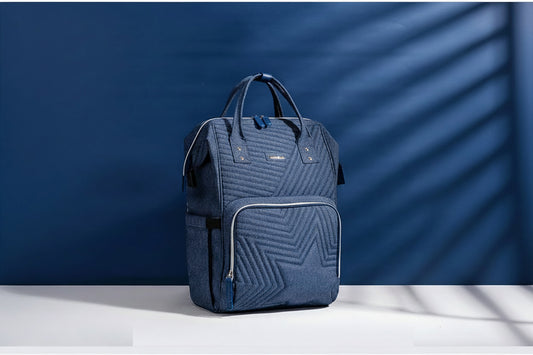 Blue backpack with geometric pattern on a blue background