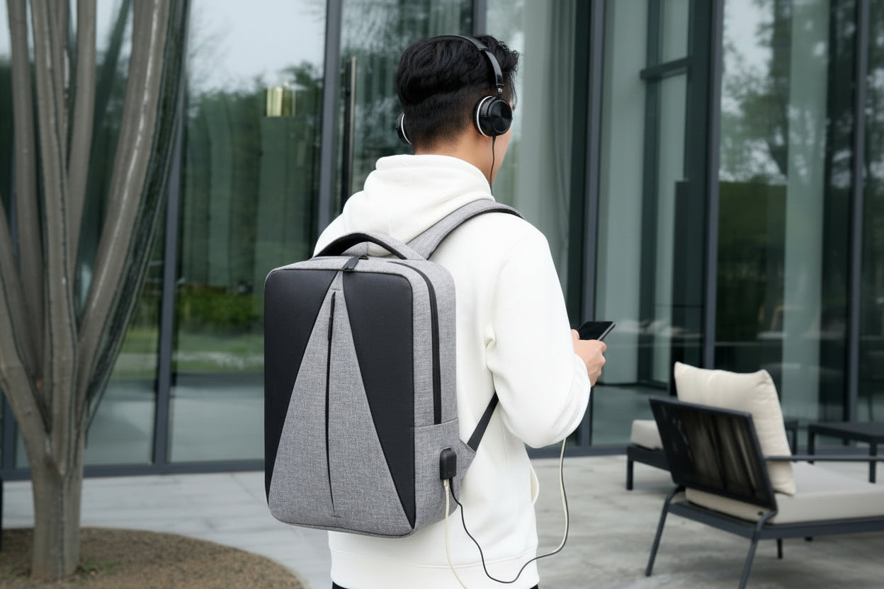 Person with a gray backpack holding a phone, wearing headphones, outdoors.