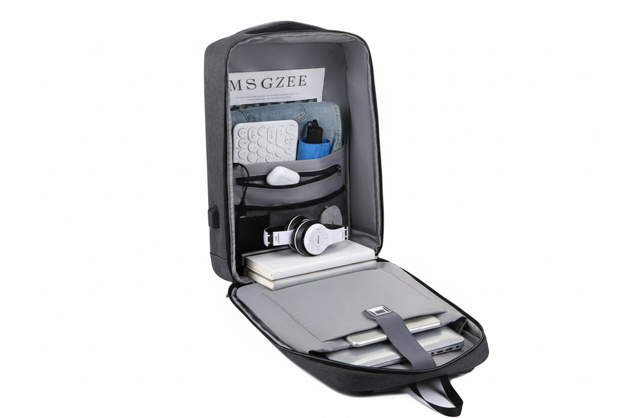 Gray backpack with compartments containing office supplies on a white background