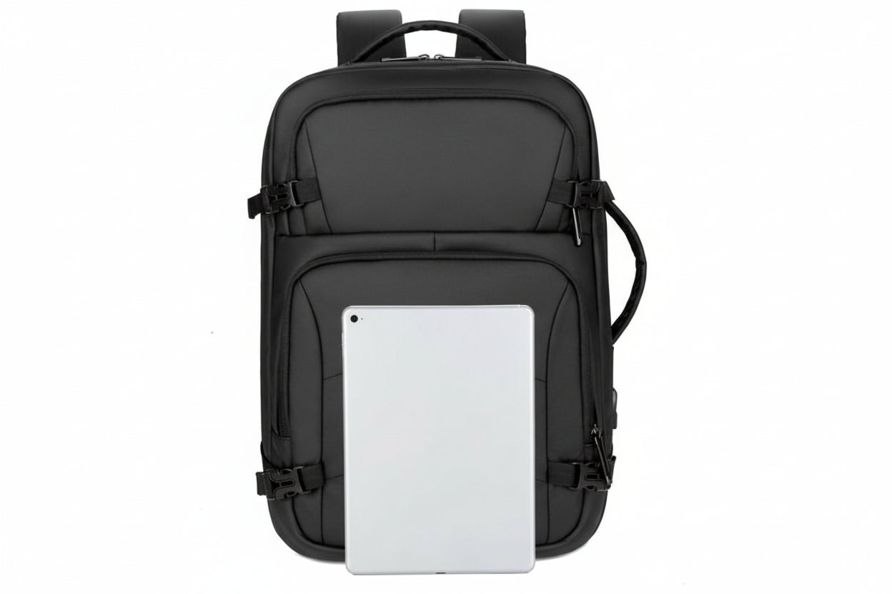 Black backpack with a tablet pocket on a white background