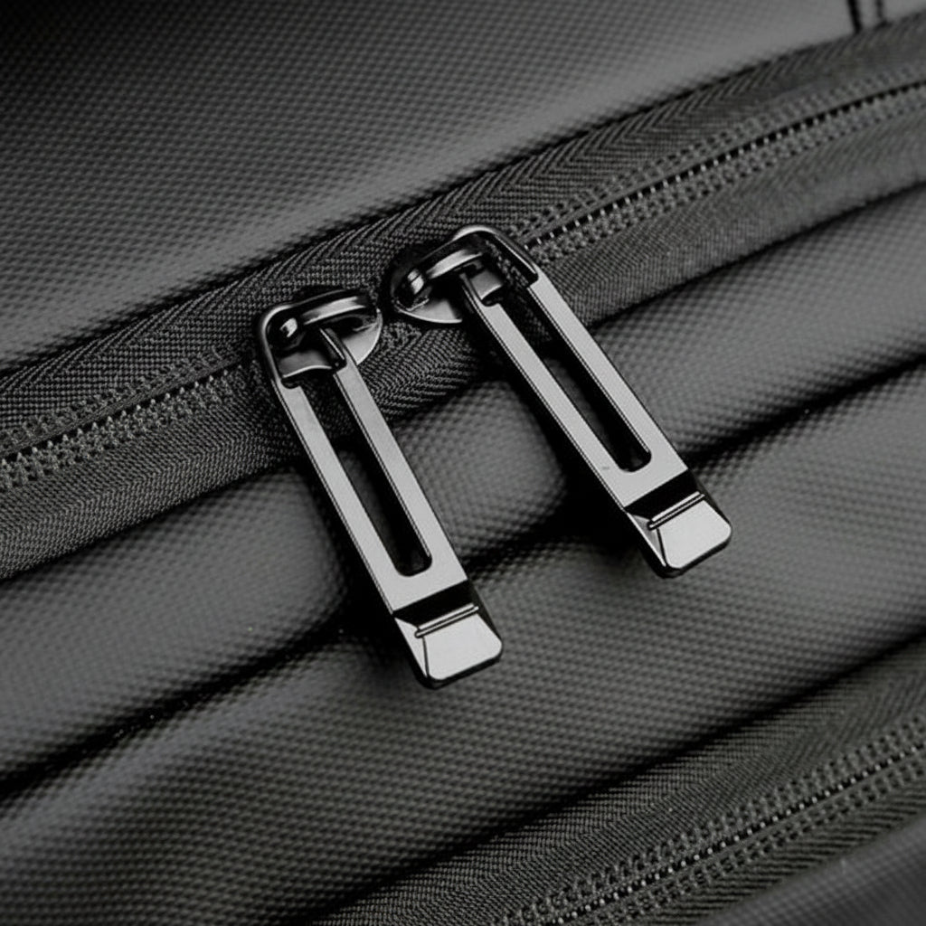 Close-up of a black suitcase zipper with metallic pull on a textured black surface.