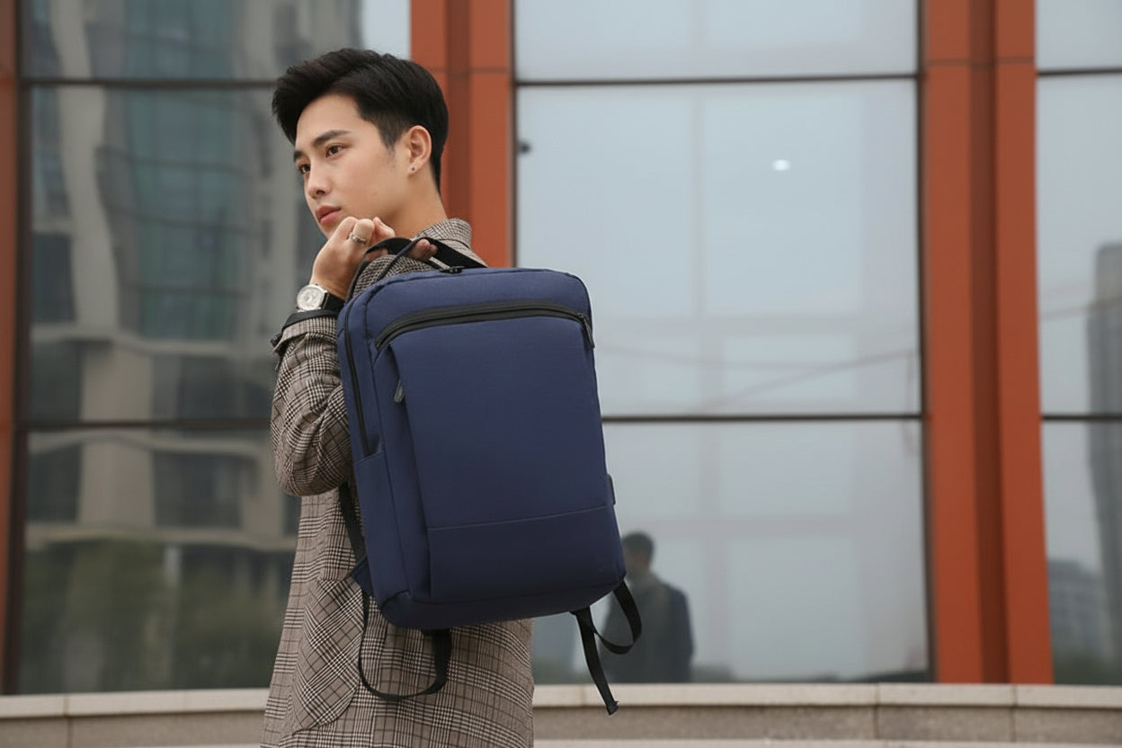 Person wearing a blue backpack outdoors
