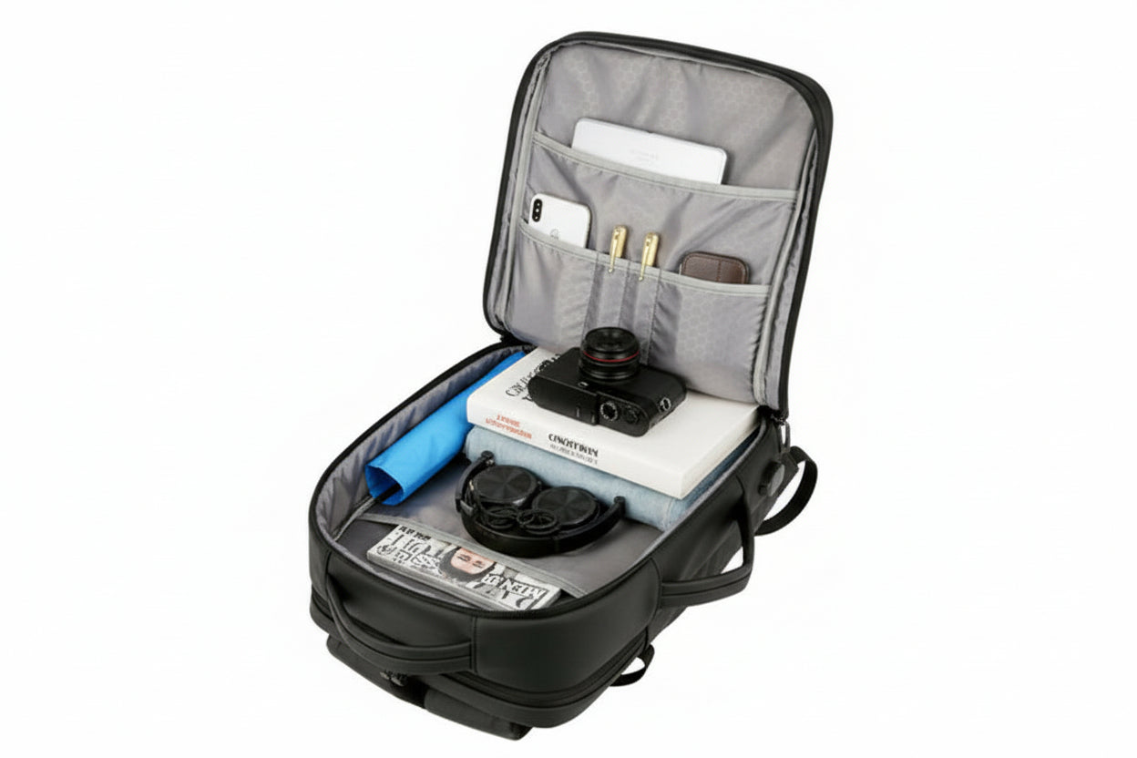 Open travel bag with camera equipment and accessories on a white background