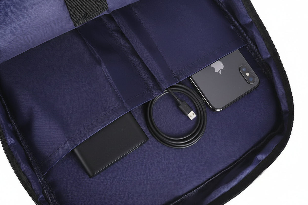 Navy blue bag interior with a phone and wallet