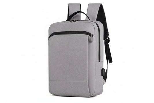 Gray backpack with dimensions indicated on a white background