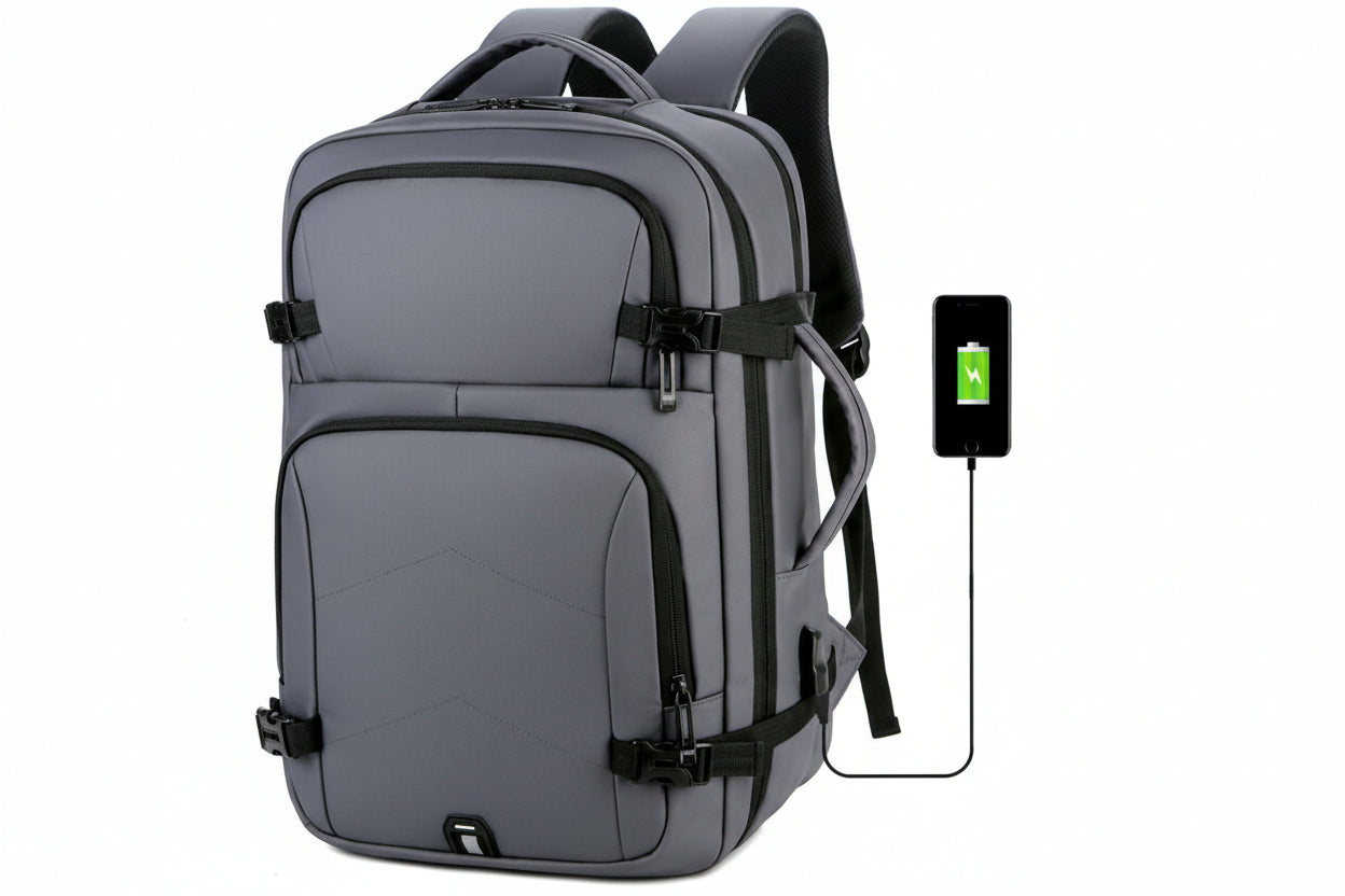 Gray backpack with USB charging port on a white background