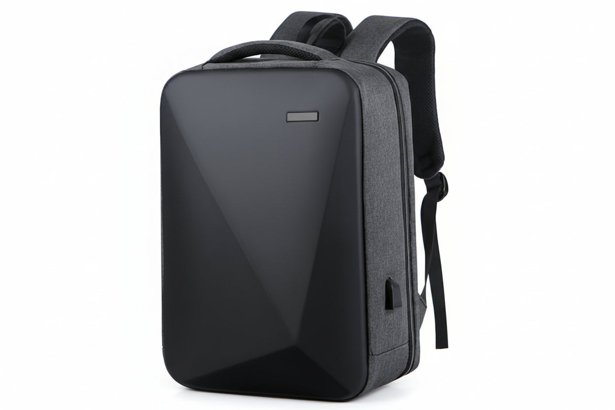 Black and grey backpack on a white background