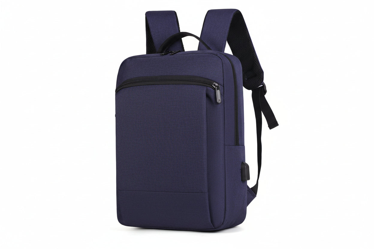 Navy blue backpack with black straps on a white background