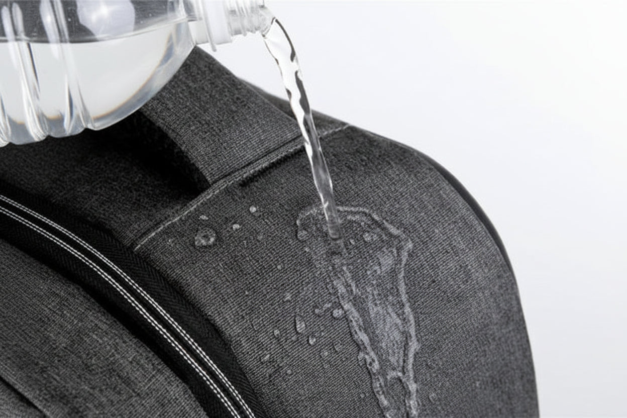 Water being poured onto a grey fabric surface with water droplets forming.