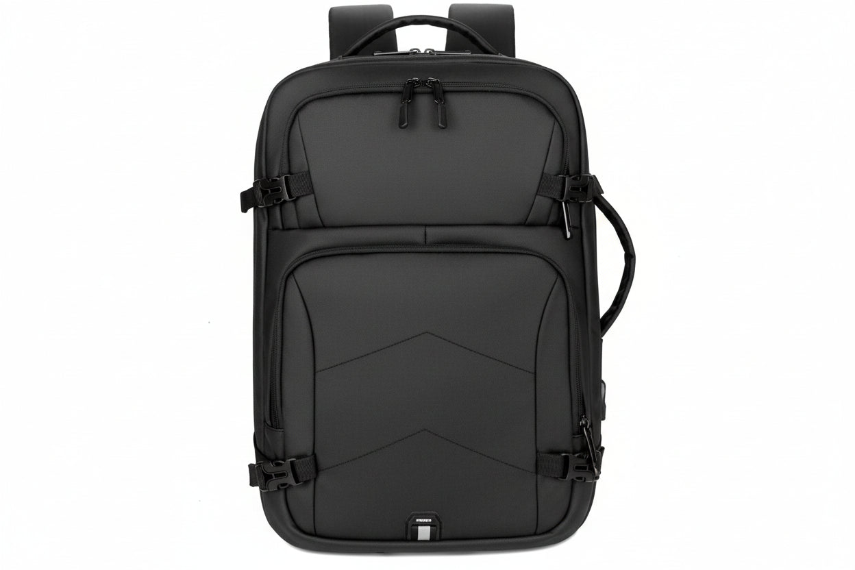 Black backpack on a white background