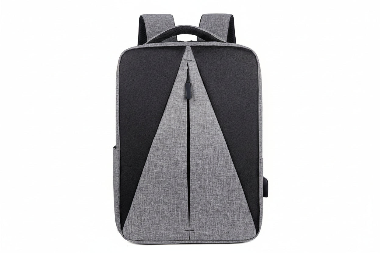 Gray and black backpack on a white background