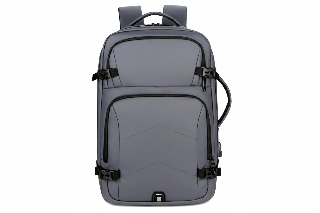 Gray backpack with black straps on a white background