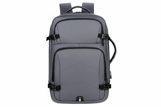 Gray backpack with black straps on a white background