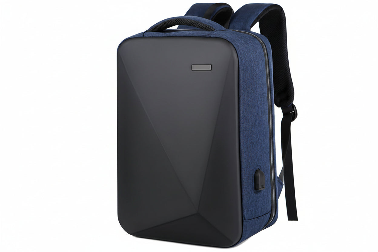 Blue and black backpack on a white background