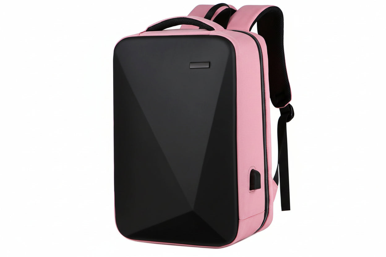 Pink and black backpack with geometric design on a white background