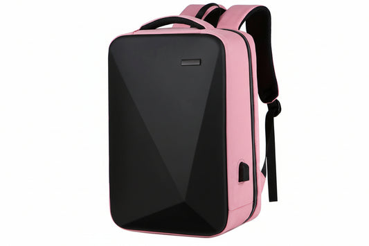 Pink and black backpack with geometric design on a white background