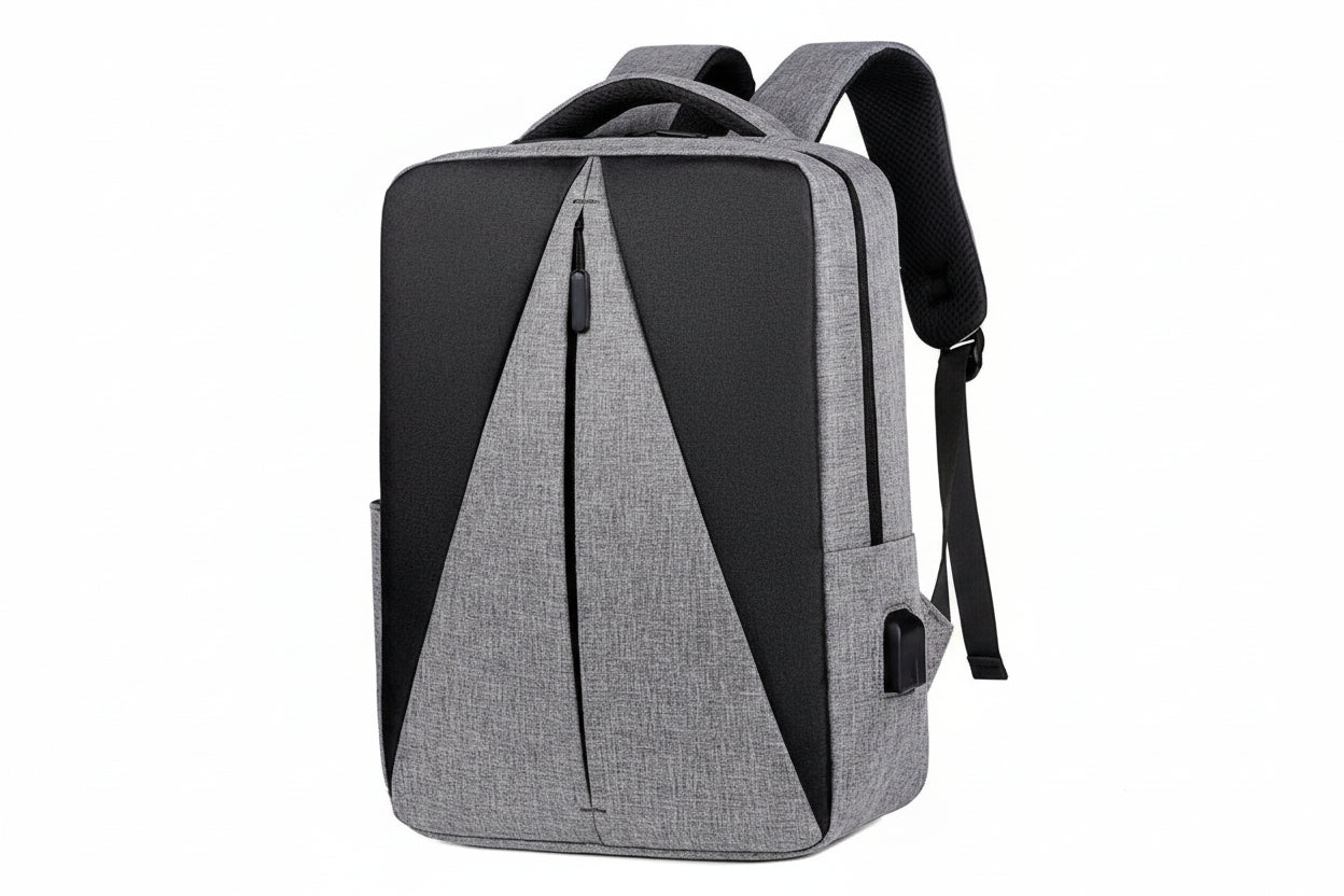 Gray and black backpack on a white background