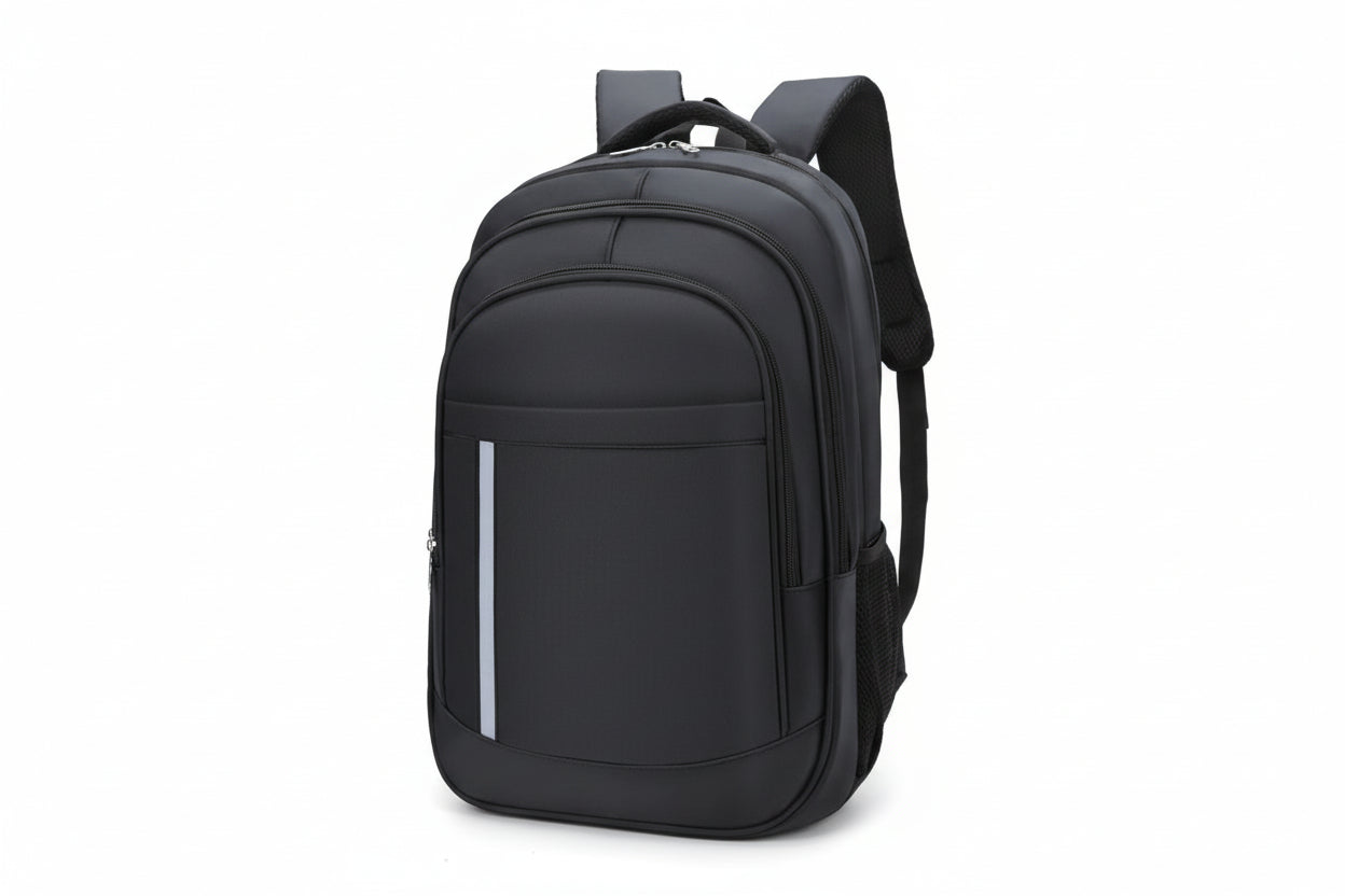 Black backpack with a white stripe on a white background